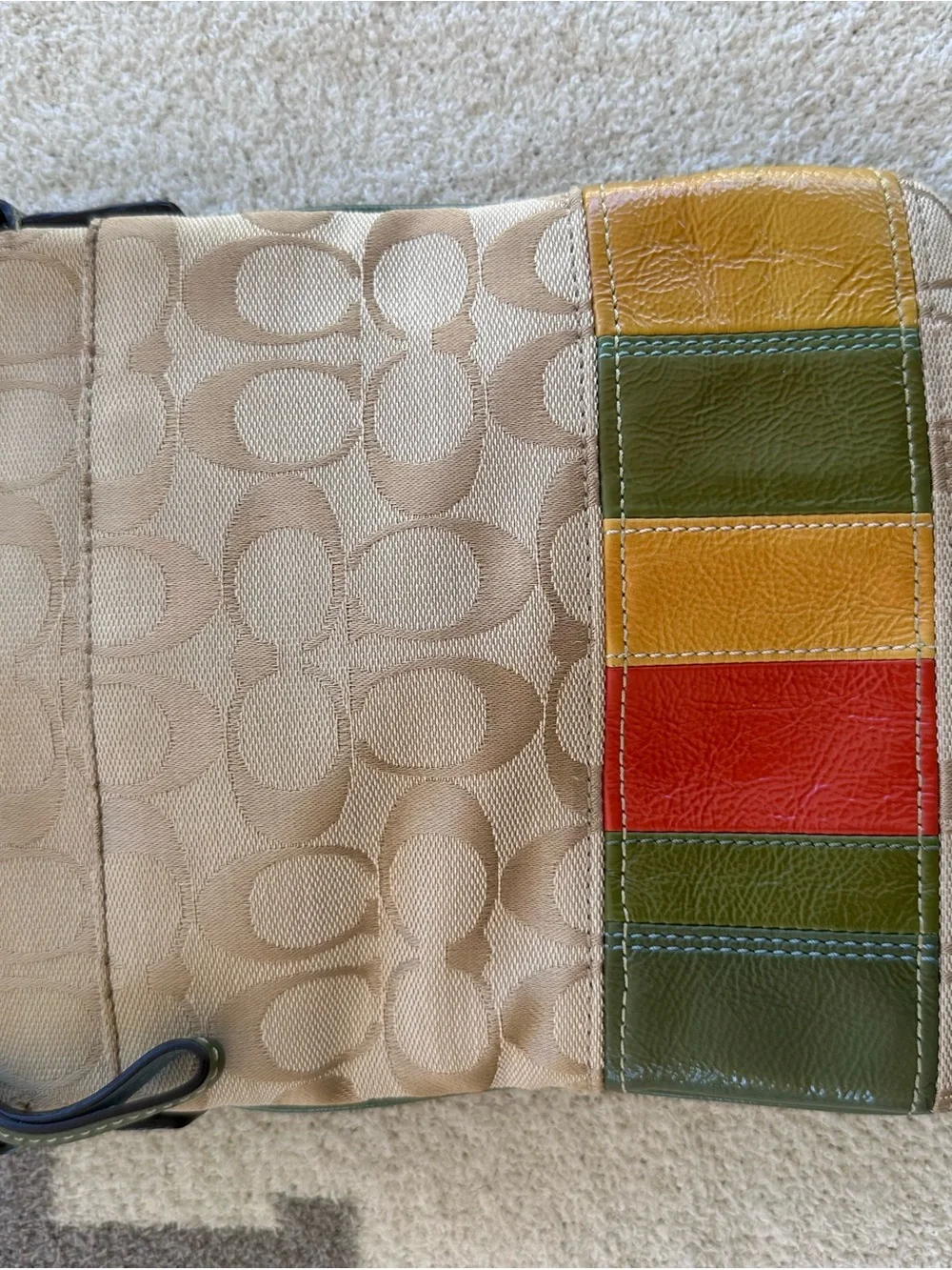 Coach Beige Signature Crossbody with Green, Yellow and Red Leather Stripes Y2K